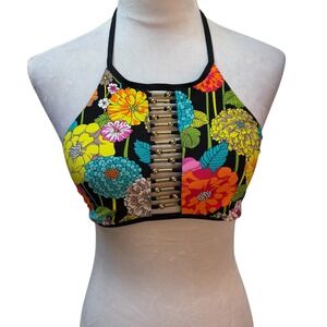 Trina Turk Womens Floral Halter Bikini Top High Neck Gold Hardware Black Multi 6
